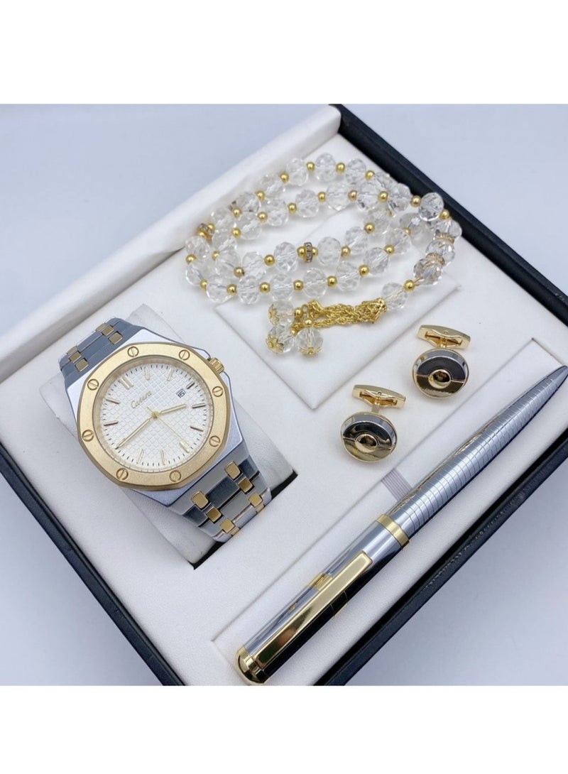 Catera A high-quality, elegant men's watch gift set from Catera, silver and gold bracelet with a white dial and date display 