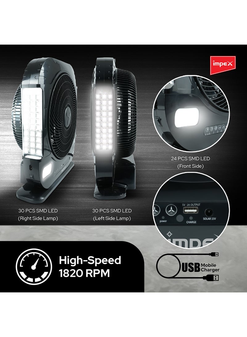 Impex 12 inch 3 Blade Rechargeable Fan LED Light with Remote Control, 1820 RPM, 7000mAh Lead-Acid Battery, 600 Lumen, USB Mobile Charger, Solar Charging, Overcharge Protection Breeze D7 Black - Image 4