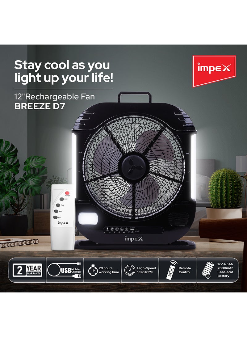 Impex 12 inch 3 Blade Rechargeable Fan LED Light with Remote Control, 1820 RPM, 7000mAh Lead-Acid Battery, 600 Lumen, USB Mobile Charger, Solar Charging, Overcharge Protection Breeze D7 Black - Image 2