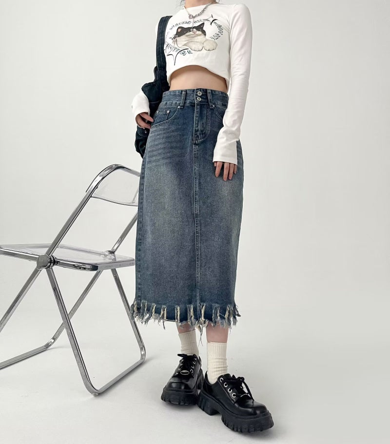 Vintage High Waist Tassel Denim Skirt Women's Large Size Chubby Girls Slimming Small Size Split Rust A- Line Skirt ins Trendy - Image 3