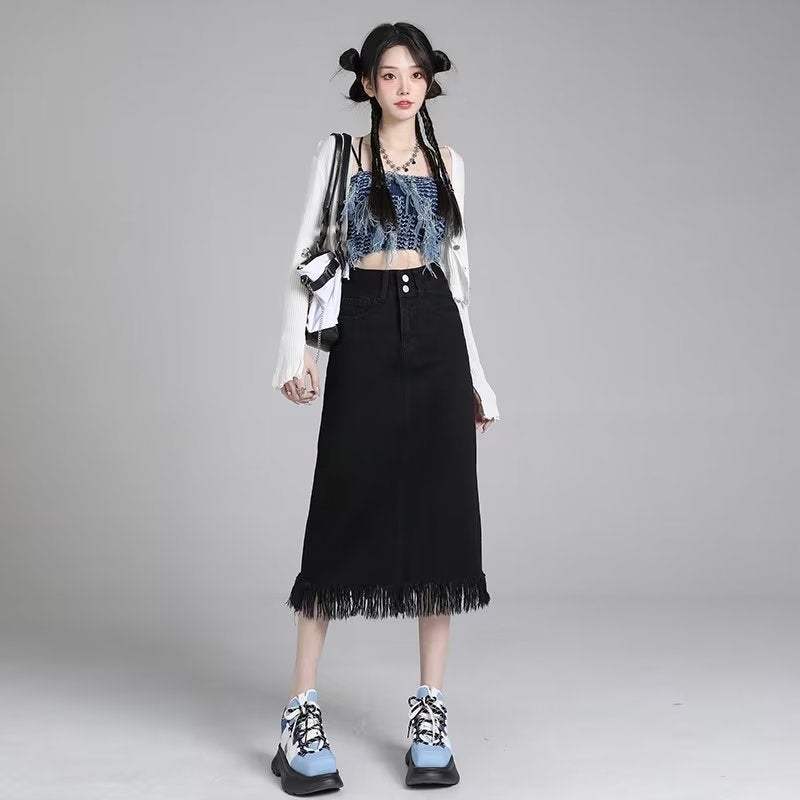 Vintage High Waist Tassel Denim Skirt Women's Large Size Chubby Girls Slimming Small Size Split Rust A- Line Skirt ins Trendy - Image 4