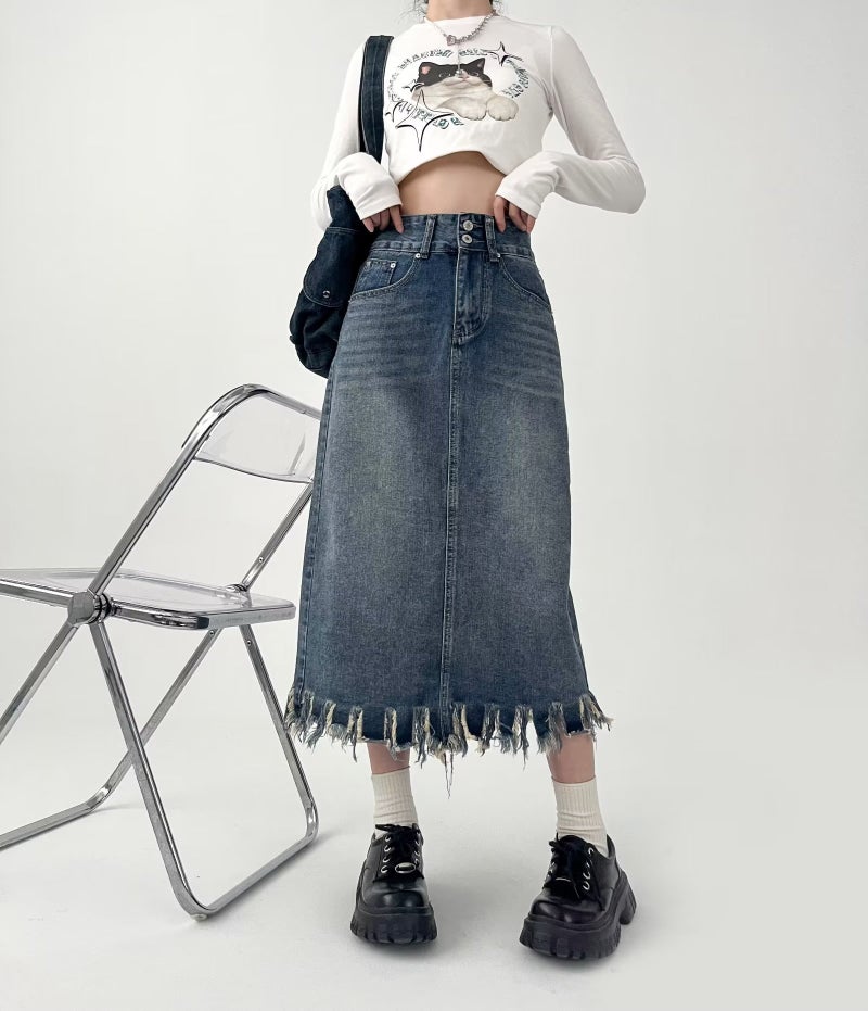 Vintage High Waist Tassel Denim Skirt Women's Large Size Chubby Girls Slimming Small Size Split Rust A- Line Skirt ins Trendy - Image 1
