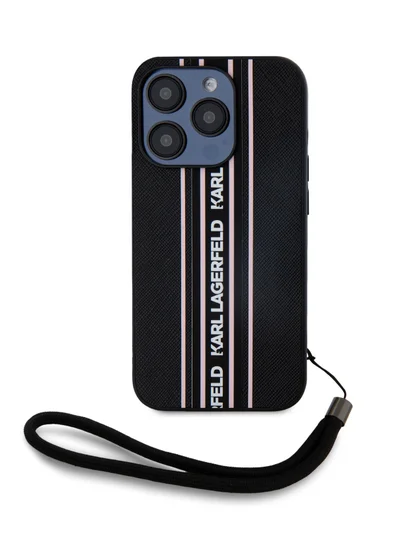 Karl Lagerfeld iPhone 16 Pro PU Hard Case with Athleisure Strips and Wrist Strap / Lightweight / High-Quality Back Cover / Comfortable and Secure Grip Cover - Black/Pink