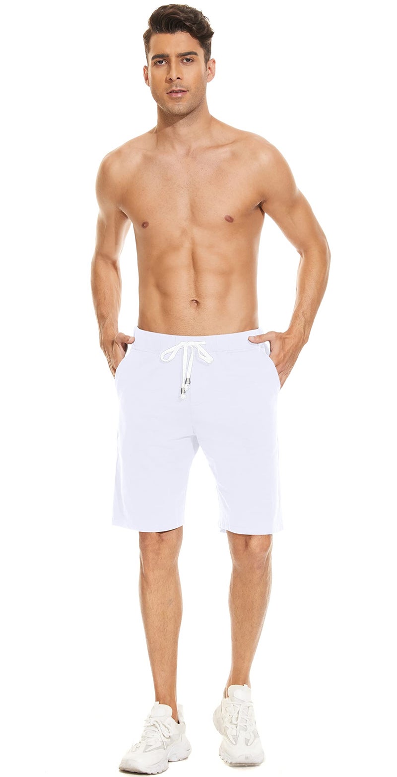 Janmid Men's Casual Soft Cotton Elastic Jogger Gym Active Pocket Shorts White L - Image 5