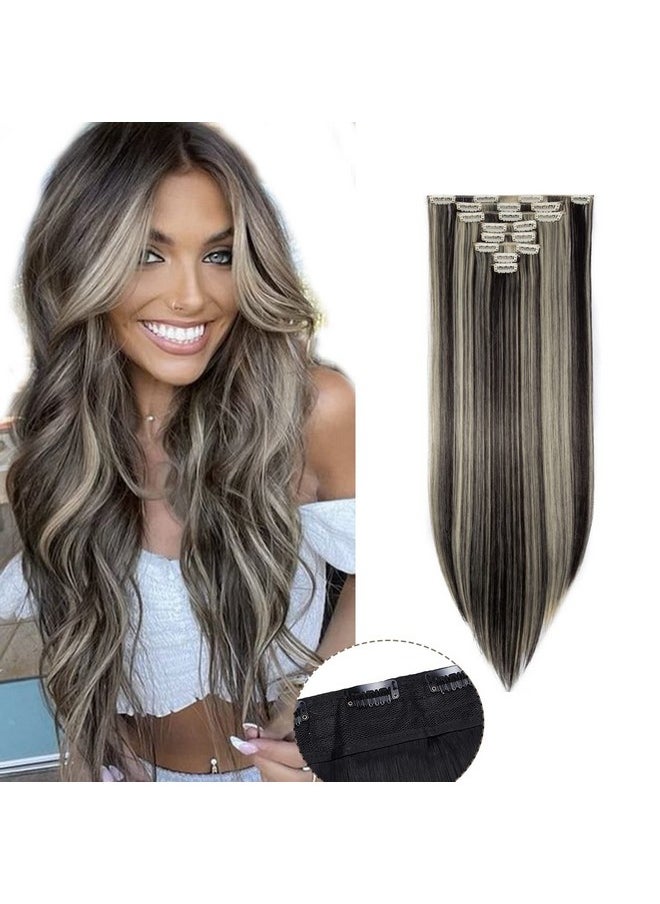 S-noilite - Clip In On Hair Extension Full Head 8Pcs 18Clips 26 Straight Natural Black Mix Bleach Blonde Synthetic Heat Resistant Hairpieces Invisible Hairpiece (26 Straight Natural Black Mix Bleach Blonde) - Image 1