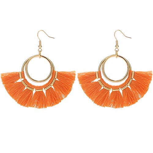 BaubleStar Fan Tassel Earrings Orange Bohemian Hoop Dangle Fringe Drop Thread Tiered Layered Tassle Fashion Jewelry for Women - Image 1