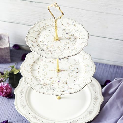 Vigneto White Pattern Three Tier Dessert Stand, Cupcake Display and Cake Stand, Detachable Serving Dessert Tower | Finest Premium Porcelain - Image 1