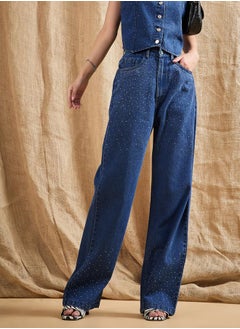 SASSAFRAS Mid Rise Washed Front Studded Straight Fit Jeans by Styli  - Image 1