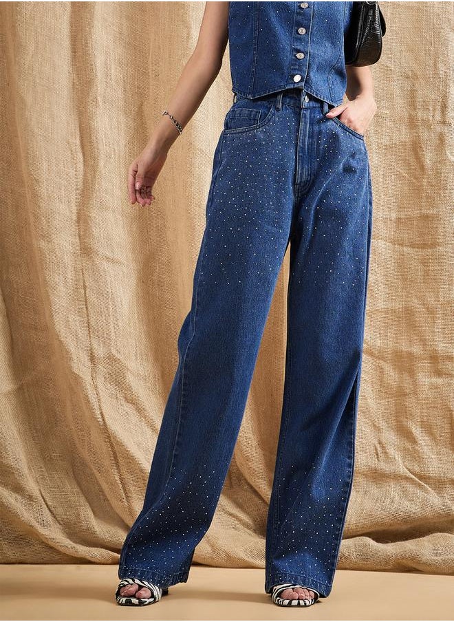 SASSAFRAS Mid Rise Washed Front Studded Straight Fit Jeans by Styli  - Image 1