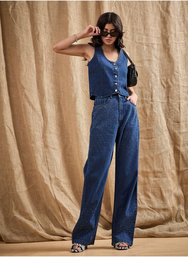 SASSAFRAS Mid Rise Washed Front Studded Straight Fit Jeans by Styli  - Image 2