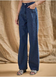 SASSAFRAS Mid Rise Washed Front Studded Straight Fit Jeans by Styli  - Image 3