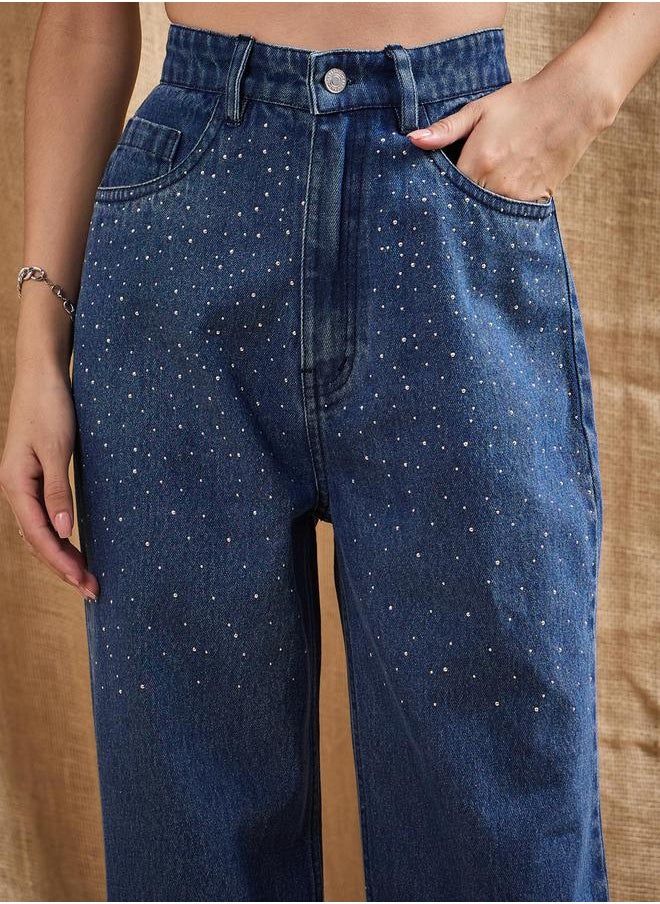 SASSAFRAS Mid Rise Washed Front Studded Straight Fit Jeans by Styli  - Image 4
