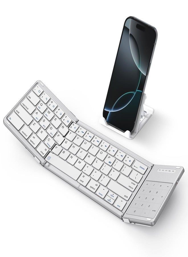 SODI Foldable Keyboard with Touchpad, Portable Wireless Keyboard with Phone Holder, Rechargeable Bluetooth Travel Keyboard for iPad, iPhone, Mac, iOS Tablets Slim Pocket Folding, White - Image 4