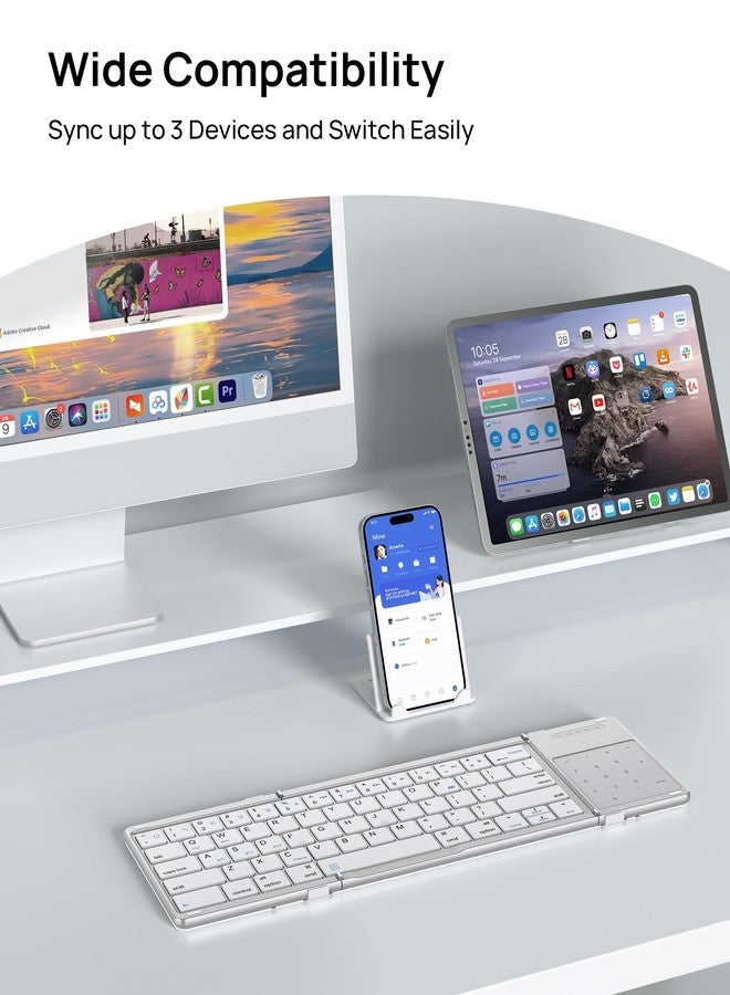 SODI Foldable Keyboard with Touchpad, Portable Wireless Keyboard with Phone Holder, Rechargeable Bluetooth Travel Keyboard for iPad, iPhone, Mac, iOS Tablets Slim Pocket Folding, White - Image 3