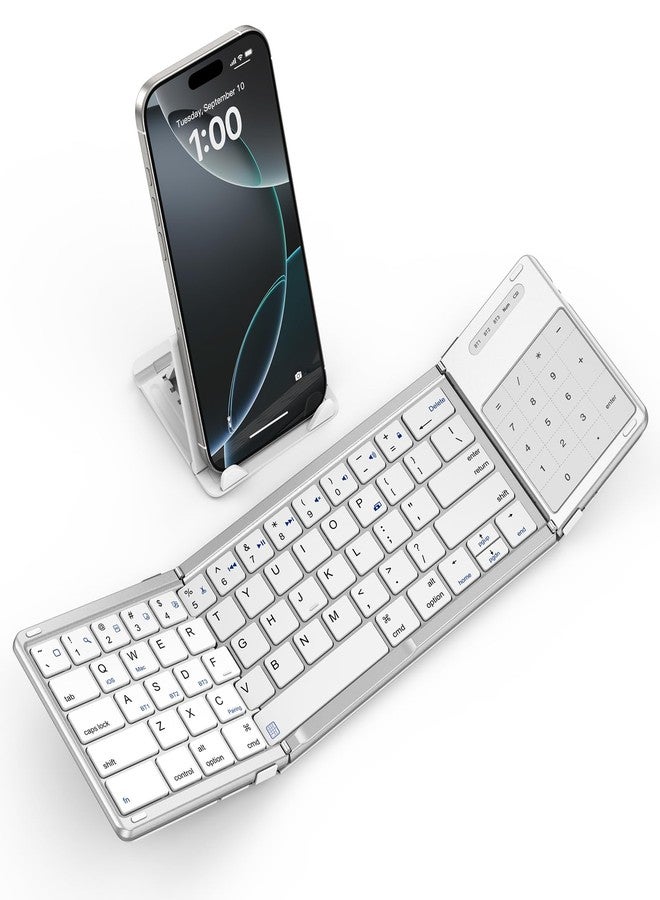 SODI Foldable Keyboard with Touchpad, Portable Wireless Keyboard with Phone Holder, Rechargeable Bluetooth Travel Keyboard for iPad, iPhone, Mac, iOS Tablets Slim Pocket Folding, White - Image 1