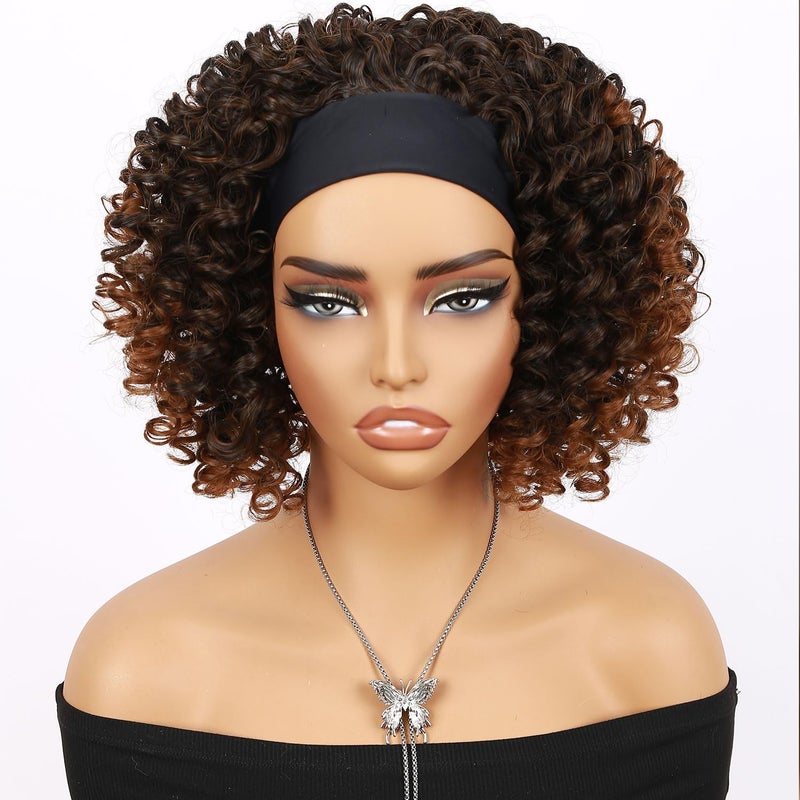 Fancy Hair Afro Kinky Curly Headband Wigs Mixed Brown Turban Wig with headband Heat Resistant Fiber Synthetic Party Cosplay Wigs for Black Women - Image 5