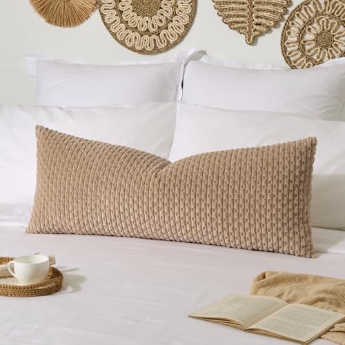 K KEVIN TEXTILE Kevin Textile 14x36 Inch Long Lumbar 1 Pack Boho Decorative Throw Pillow Cover Soft Striped Corduroy Rectangle Cushion Case Farmhouse Solid Color Accent for Living Room Couch Sofa Bed, Tan - Image 1