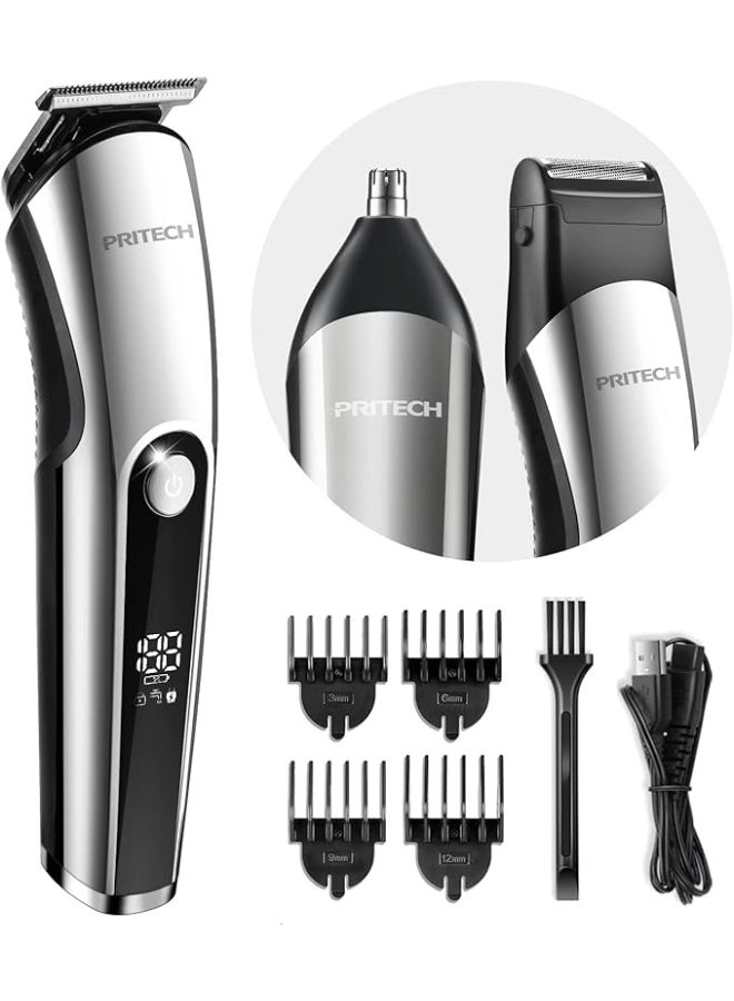 PRITECH Beard Trimmer for Men, 3 in 1 Hair Clippers for Men Kit, Nose Hair Trimmer, Micro Shaver Mens Grooming Kit Cordless Electric Hair Trimmer LED Display IPX6 (Silver) - Image 1