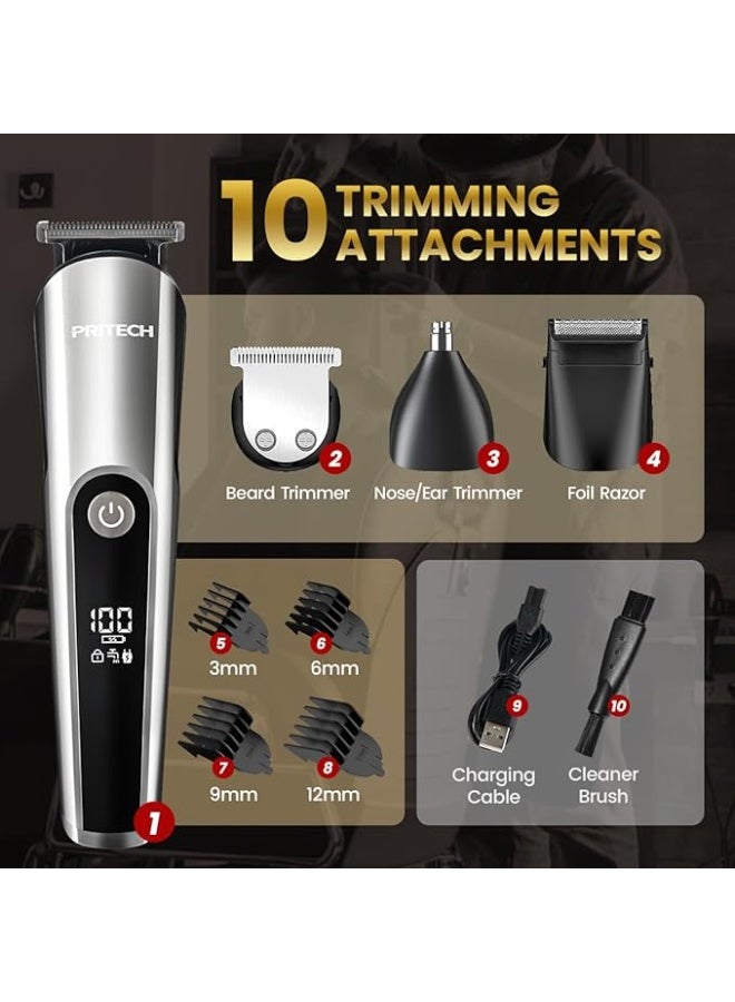 PRITECH Beard Trimmer for Men, 3 in 1 Hair Clippers for Men Kit, Nose Hair Trimmer, Micro Shaver Mens Grooming Kit Cordless Electric Hair Trimmer LED Display IPX6 (Silver) - Image 3