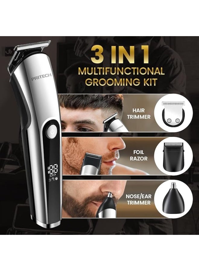 PRITECH Beard Trimmer for Men, 3 in 1 Hair Clippers for Men Kit, Nose Hair Trimmer, Micro Shaver Mens Grooming Kit Cordless Electric Hair Trimmer LED Display IPX6 (Silver) - Image 5
