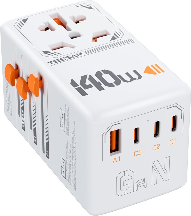TESSAN Universal Travel Adapter Worldwide 140W, GaN International Plug Adaptor with 1 USB A and 3 USB C Charging Ports, Power Outlet for US to Europe UK AUS Ireland(Type C, G, A, I), White - Image 1