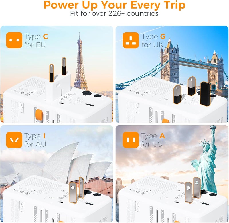 TESSAN Universal Travel Adapter Worldwide 140W, GaN International Plug Adaptor with 1 USB A and 3 USB C Charging Ports, Power Outlet for US to Europe UK AUS Ireland(Type C, G, A, I), White - Image 2