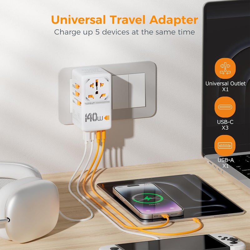 TESSAN Universal Travel Adapter Worldwide 140W, GaN International Plug Adaptor with 1 USB A and 3 USB C Charging Ports, Power Outlet for US to Europe UK AUS Ireland(Type C, G, A, I), White - Image 4