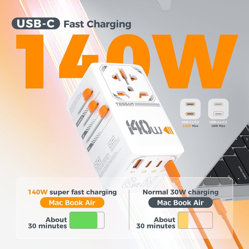TESSAN Universal Travel Adapter Worldwide 140W, GaN International Plug Adaptor with 1 USB A and 3 USB C Charging Ports, Power Outlet for US to Europe UK AUS Ireland(Type C, G, A, I), White - Image 3