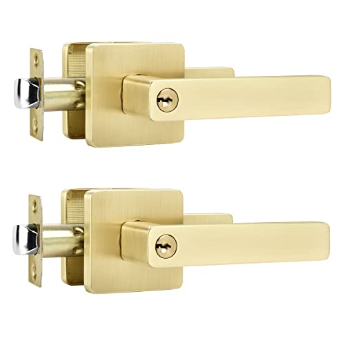 Leydebong 2 Pack Heavy Duty Entrance Lever Door Handle (for Office/Front Door) Left or Right Handing, Flat Style Keyed Alike/Combo Keys Heavy Duty Leversets, Light Satin Brass Finish - Image 1