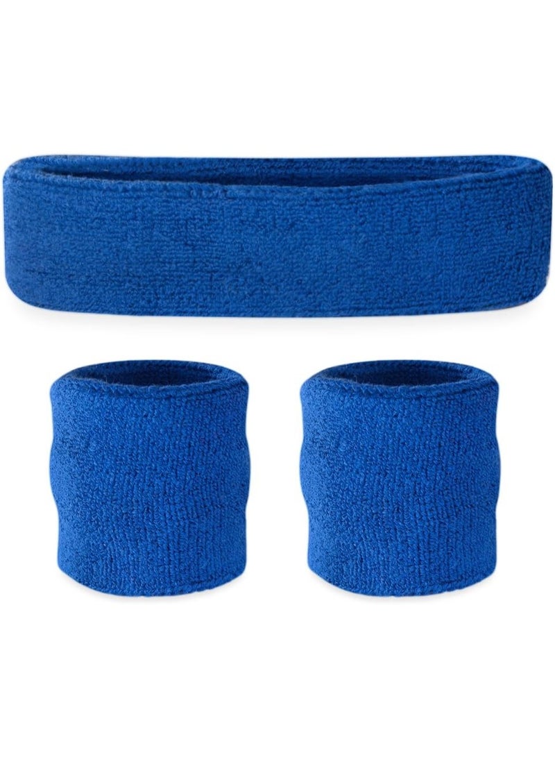 Sports Bands Set, Sweatproof Headbands and Wristbands, Moisture Wicking Terry Fabric for Workout, Blue - Image 1