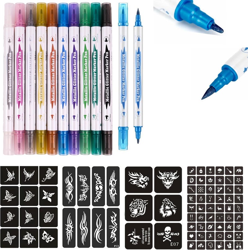 new star tattoo Temporary Tattoo Markers for Skin,10-Count Body Markers+80 Large Tattoo Stencils of Assorted Colors for Kids and Adults,Dual-End Tattoo Pens Bold and Fine Line with Cosmetic-Grade Temporary Tattoo Ink