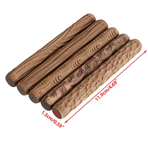 OwnMy Set of 5 Clay Modeling Pattern Rollers Kit, Fish Leaves Cobblestone Ripple Wood Grain Pattern 4.7 in Clay Rolling Pin Textured Hand Roller Wooden Handle Pottery Tools Set - Image 2