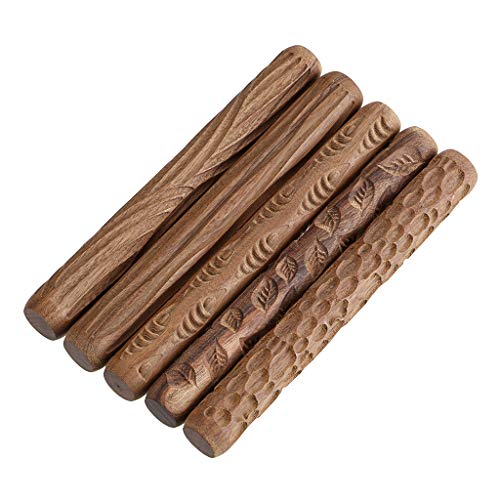 OwnMy Set of 5 Clay Modeling Pattern Rollers Kit, Fish Leaves Cobblestone Ripple Wood Grain Pattern 4.7 in Clay Rolling Pin Textured Hand Roller Wooden Handle Pottery Tools Set - Image 1