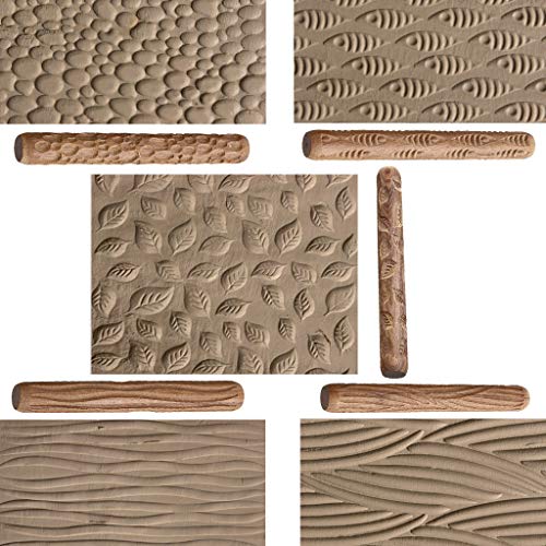 OwnMy Set of 5 Clay Modeling Pattern Rollers Kit, Fish Leaves Cobblestone Ripple Wood Grain Pattern 4.7 in Clay Rolling Pin Textured Hand Roller Wooden Handle Pottery Tools Set - Image 5