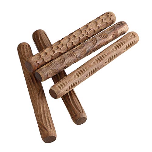 OwnMy Set of 5 Clay Modeling Pattern Rollers Kit, Fish Leaves Cobblestone Ripple Wood Grain Pattern 4.7 in Clay Rolling Pin Textured Hand Roller Wooden Handle Pottery Tools Set - Image 4