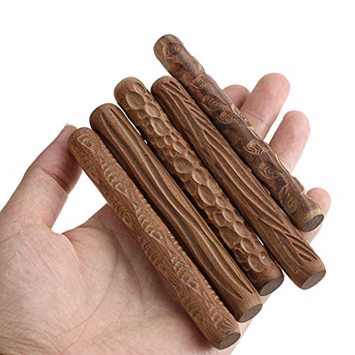 OwnMy Set of 5 Clay Modeling Pattern Rollers Kit, Fish Leaves Cobblestone Ripple Wood Grain Pattern 4.7 in Clay Rolling Pin Textured Hand Roller Wooden Handle Pottery Tools Set - Image 3