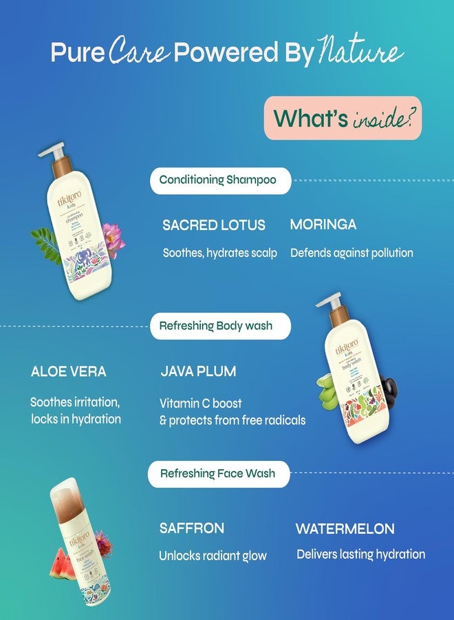 Tikitoro Kids Shower Essentials Combo Pack Contains Refreshing Body Wash, Conditioning Shampoo, & Refreshing Face Wash, 100% Vegan, For All Skin Types, (Age: 4+ Years) (300ml x 2 & 100ml x 1) - Image 4