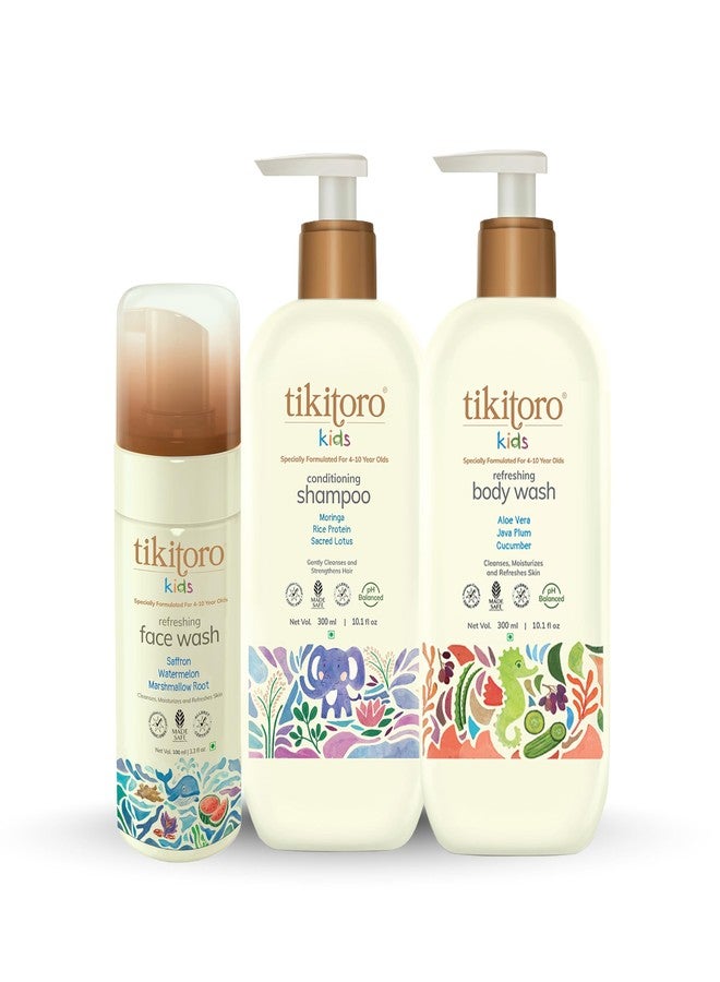 Tikitoro Kids Shower Essentials Combo Pack Contains Refreshing Body Wash, Conditioning Shampoo, & Refreshing Face Wash, 100% Vegan, For All Skin Types, (Age: 4+ Years) (300ml x 2 & 100ml x 1) - Image 2