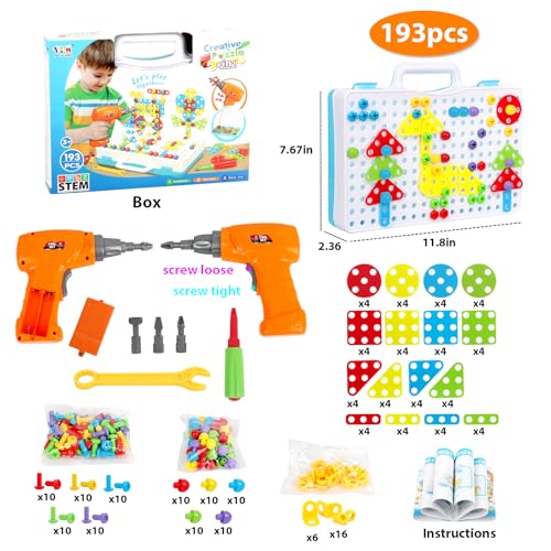 HAPTIME STEM Design and Drill Toy for Kids Ages 3-8, 193 Pcs Electric Drill Toy,Creative Building Toys,Magic Montessori Play Toolbox for Toddler Boys Girls Preschool,STEM Toys for 3 4 5 6 7 8 Year old - Image 5