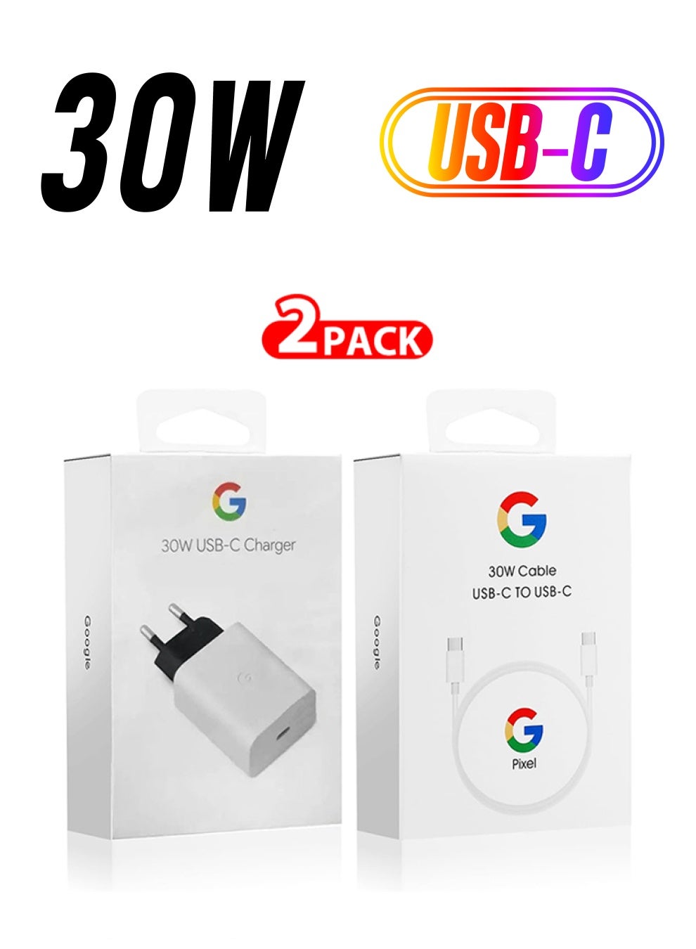 30W USB-C Super Fast Charger 2 Pins Charger And Cable Compatible With Google Products And Other USB-C Devices Fast Charging Pixel Phone Charger USB-C To USB C Sync Charge Cable Included White