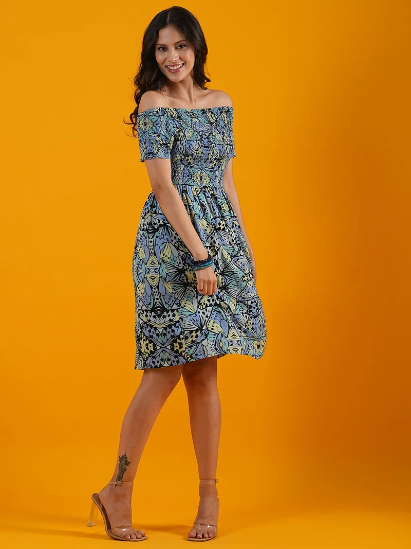 globus Globus Women Black Printed Smocked Off-Shoulder Fit & Flare Dress