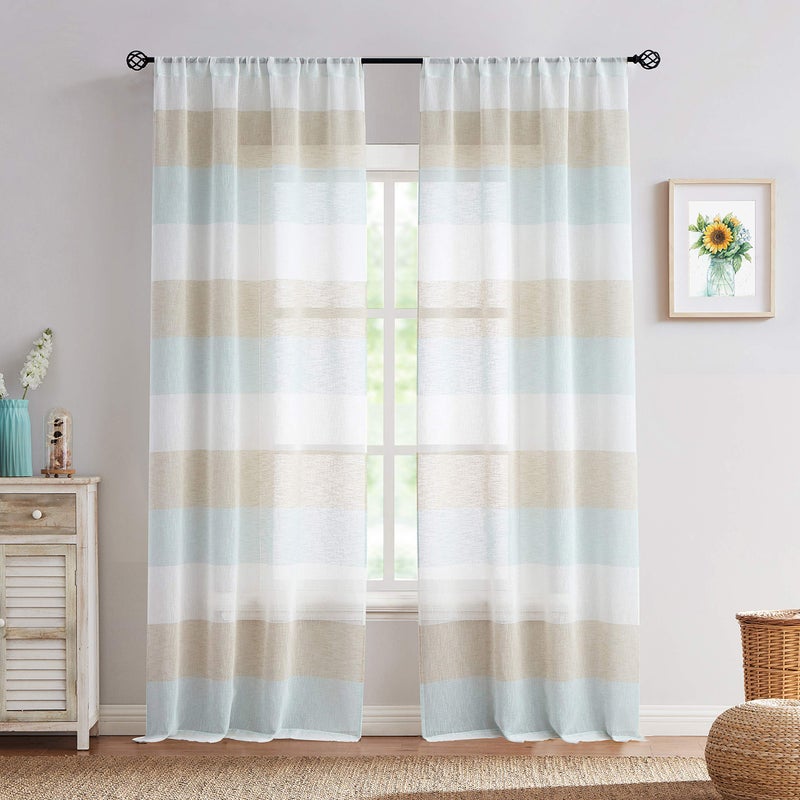 Vision Home Striped Sheer Curtains Tan and Spa Blue Color Block Coastal Farmhouse Window Panels 63 inch Length Linen Rustic Light Filtering Drapes for Living Room Rod Pocket40 Wx63 Lx2