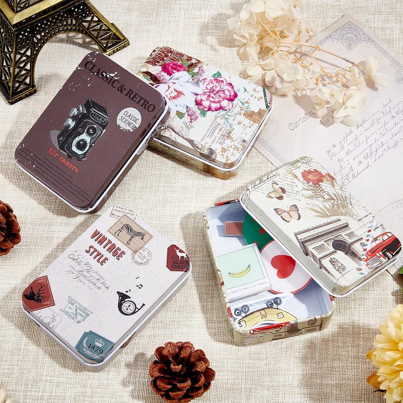 CREATCABIN 4Pcs Vintage Metal Tin Box Gift Card Holder Rectangular Tinplate Box Containers Christmas Small Wrap Boxes with Lids Hinged Storage Cans for Home Kitchen Candles Jewelry Coin Cake Biscuits - Image 4