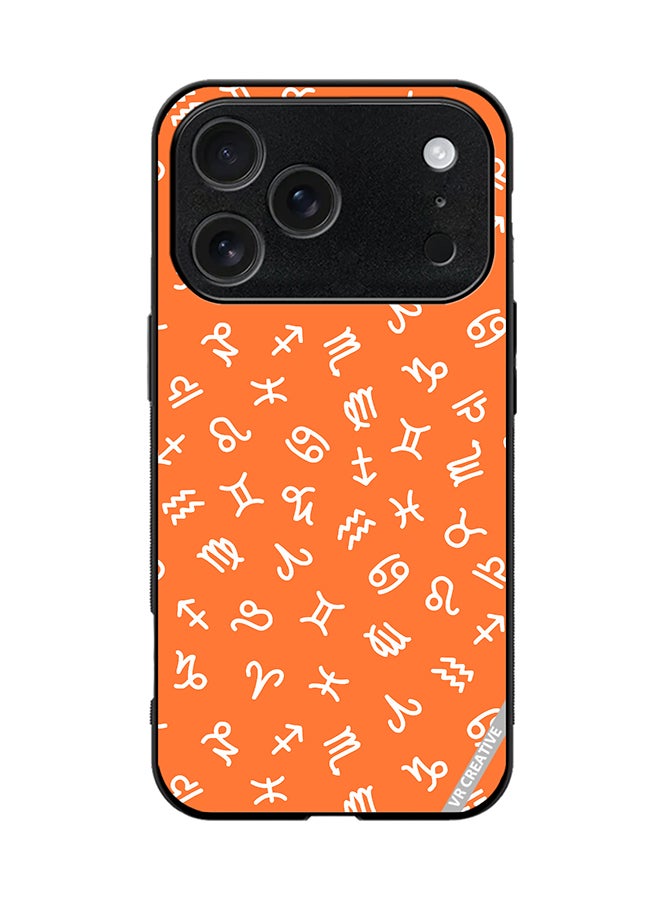 VR CREATIVE Protective Case Cover For Apple iPhone 17 Pro Orange Seamless Pattern With White Zodiac Signs Design Multicolour