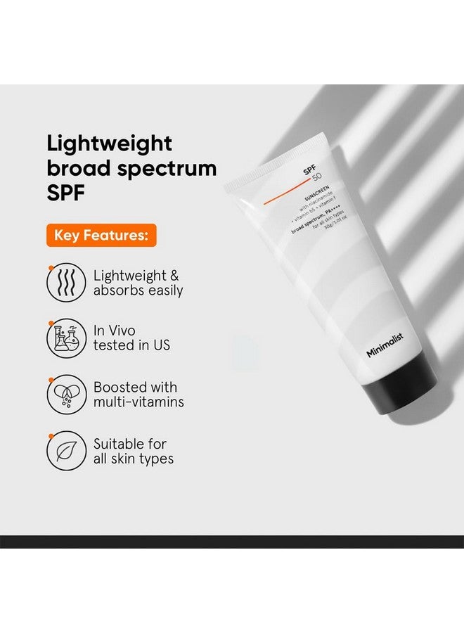 منيماليست واقي شمسي بسيط بعامل حماية من أشعة الشمس SPF 50 PA++++ | تم اختباره سريريًا في الولايات المتحدة (داخل الجسم الحي) | خفيف الوزن مع فيتامينات متعددة | بدون طبقة بيضاء | واسع الطيف | للنساء والرجال | 30 جرامًا (عبوة واحدة) - Image 2