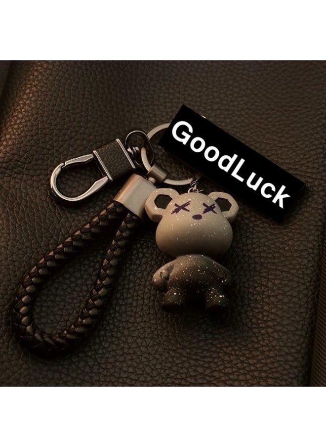 Generic Bear Men And Women Key Chain Key Ring Key Ring Cartoon Cute Star Bear Car Key Chain Pendant Gao Jia-Color:Starry Sky Blue Bear Third Generation Black Rope + First Generation Black Luck  - Image 2
