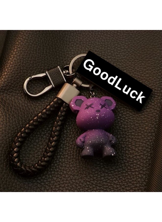 Generic Bear Men And Women Key Chain Key Ring Key Ring Cartoon Cute Star Bear Car Key Chain Pendant Gao Jia-Color:Starry Sky Blue Bear Third Generation Black Rope + First Generation Black Luck  - Image 3