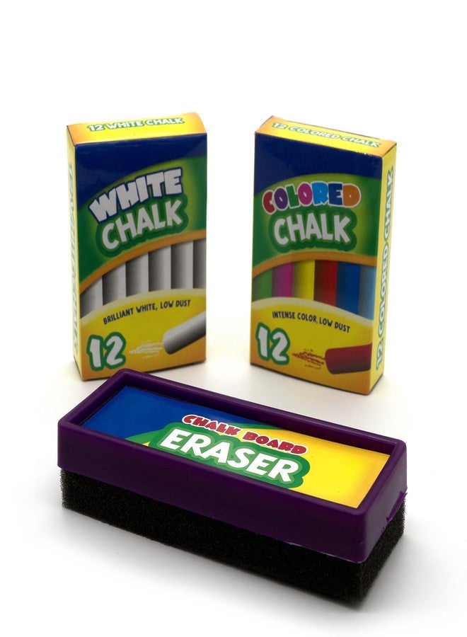Emraw Eraser 12 White Chalk Dustless Chalk Non-Toxic 12 Color Chalkboard School Office and Sidewalk Outdoor Chalk for Art and Home Board Chalk with Eraser 25 Per Pack (Pack of 2) - Image 2