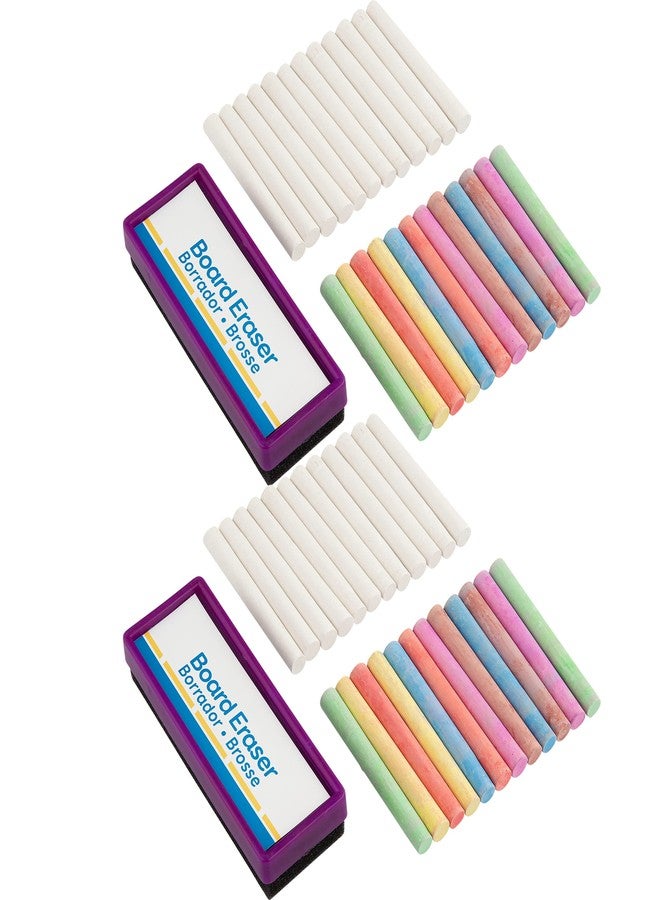 Emraw Eraser 12 White Chalk Dustless Chalk Non-Toxic 12 Color Chalkboard School Office and Sidewalk Outdoor Chalk for Art and Home Board Chalk with Eraser 25 Per Pack (Pack of 2) - Image 1