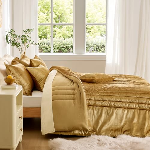 MUSSEL Bedding Comforter Set Queen Size 3 Pieces-Luxury Shiny Gold Striped Lightweight Bedroom Comforter Queen Size,Soft Velvet Bed Set with 2 Shams - Image 4